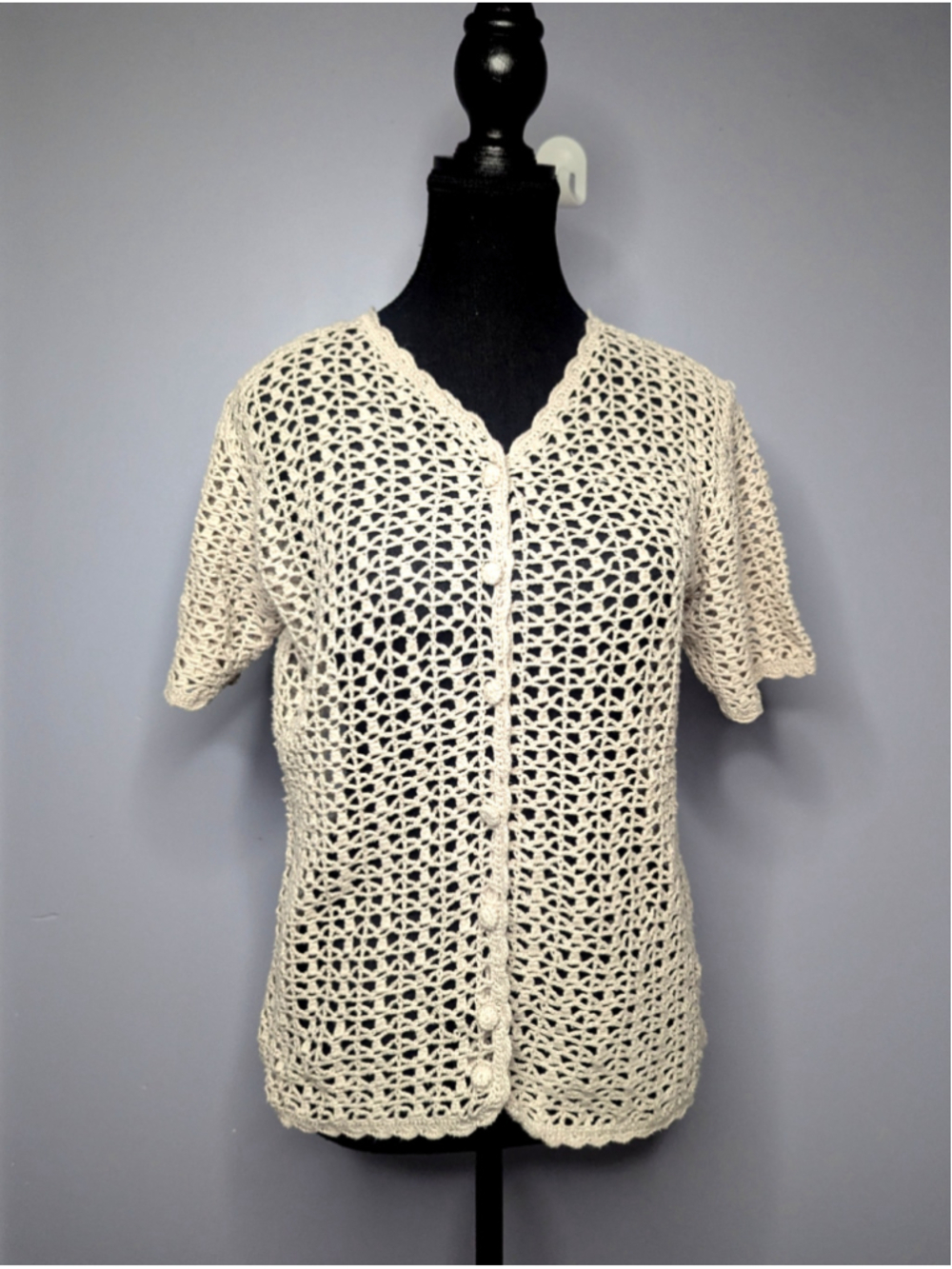 Handmade Vintage Style Crochet Short Sleeve Cardigan Blouse Cream Ecru M